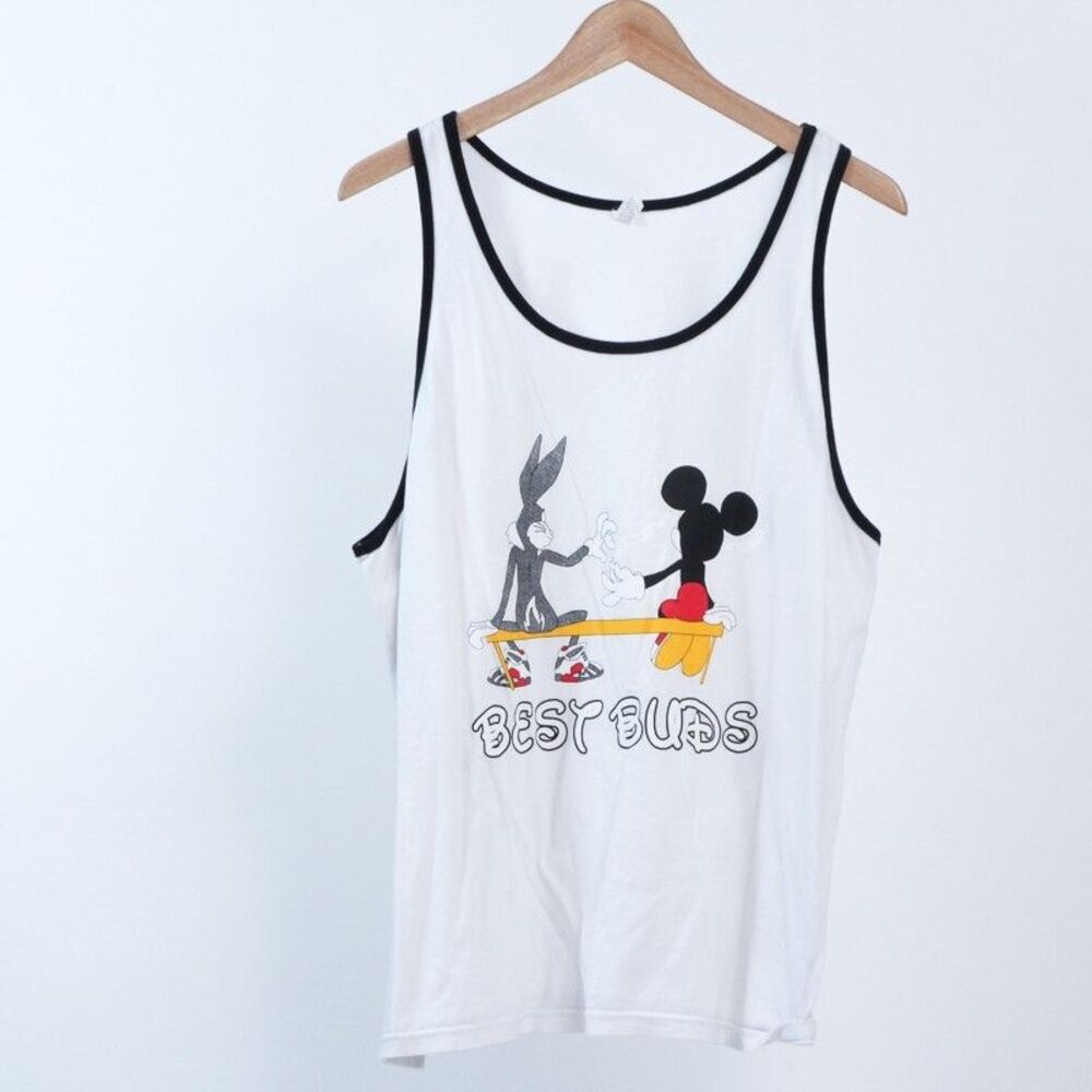 Mickey Mouse & Bugs Bunny Vintage Best Buds Ringer Tank Top White Large Cotton